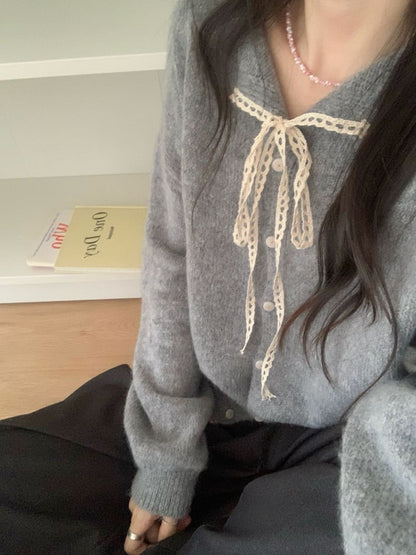 Women's casual knit cardigan with drawstring and fine texture NOVAE