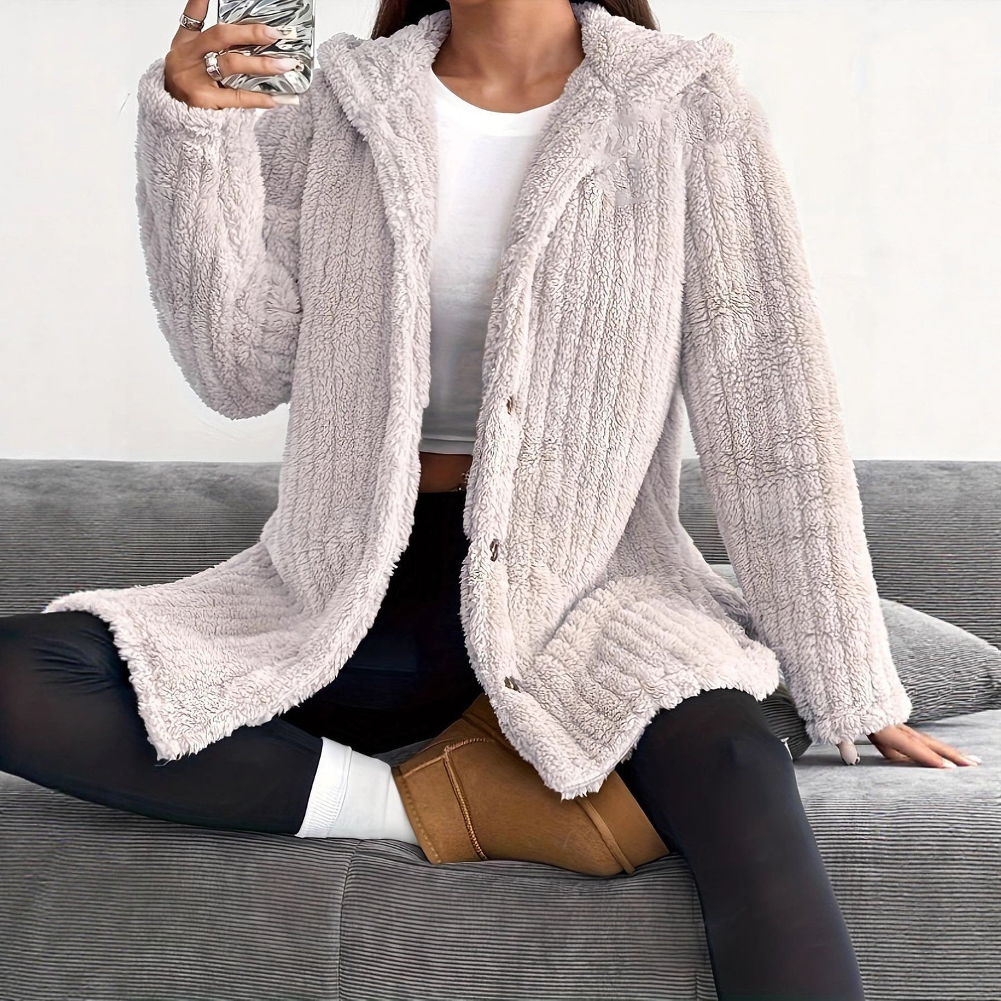 Women's Cozy Hooded Jacket with Button Details NOVAE