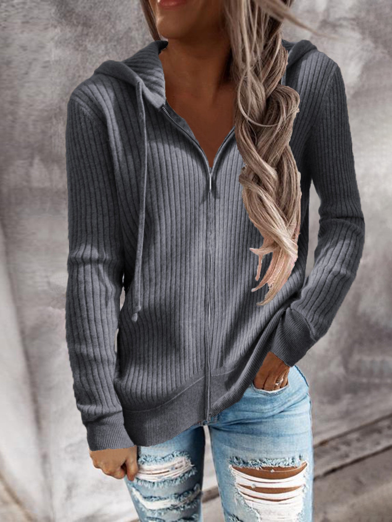 Women's cardigan with hood and ribbed texture NOVAE