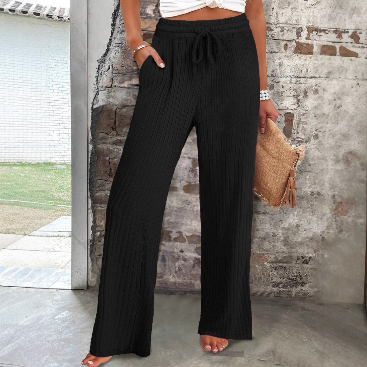 Women's wide-leg ribbed knit trousers with elasticated waistband NOVAE
