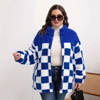 Women's plush jacket with check pattern and high collar NOVAE