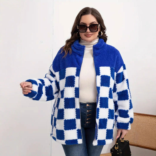 Women's plush jacket with check pattern and high collar NOVAE