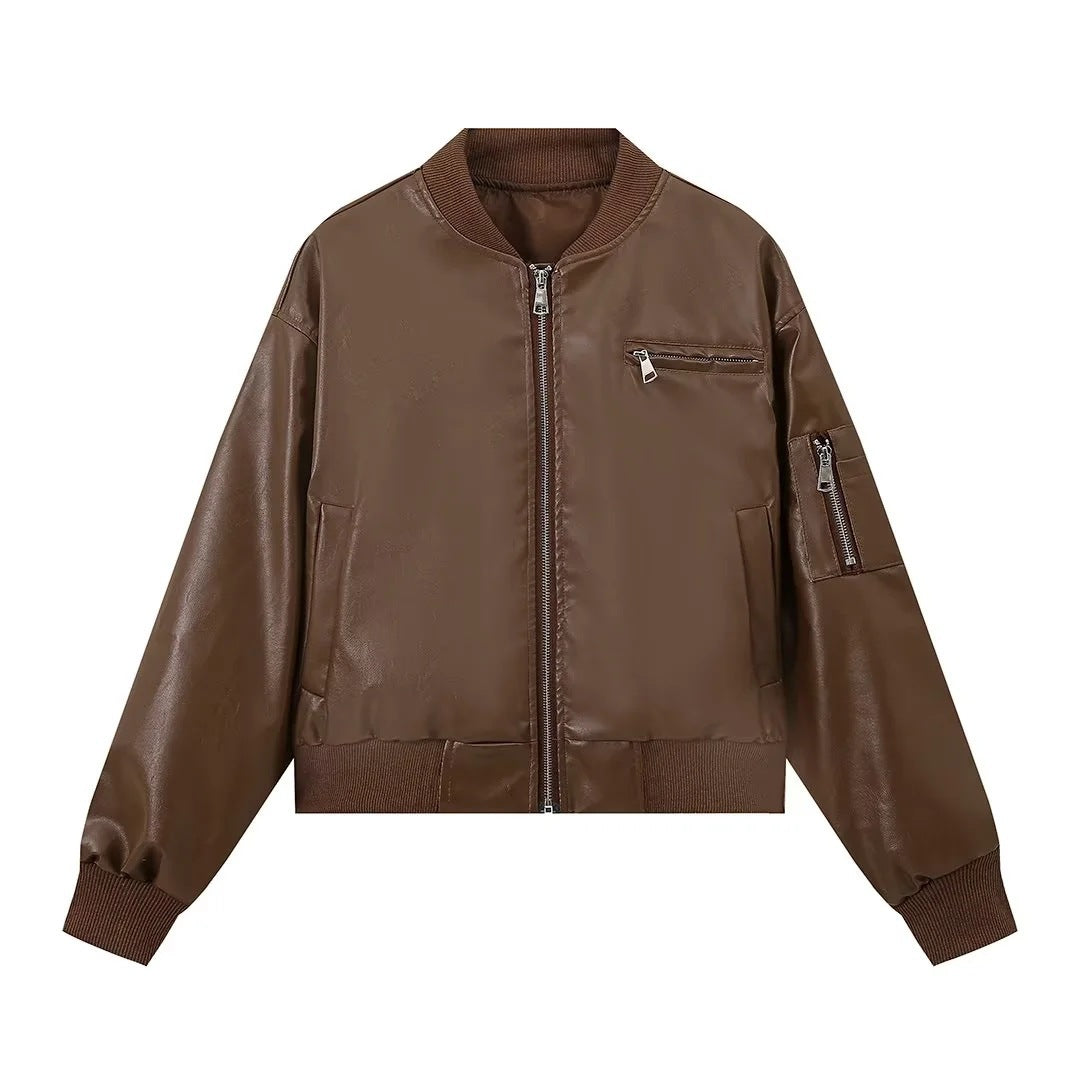Women's leather bomber jacket with innovative zipper details NOVAE