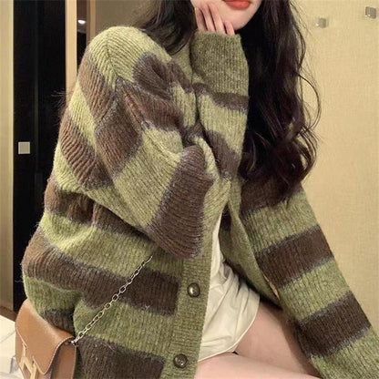 Women's chunky knit cardigan with fashionable striped pattern and casual cut NOVAE