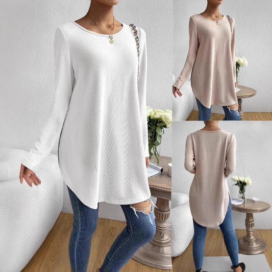 Women's casual long-sleeved T-shirt with asymmetrical hem and comfortable round neckline NOVAE