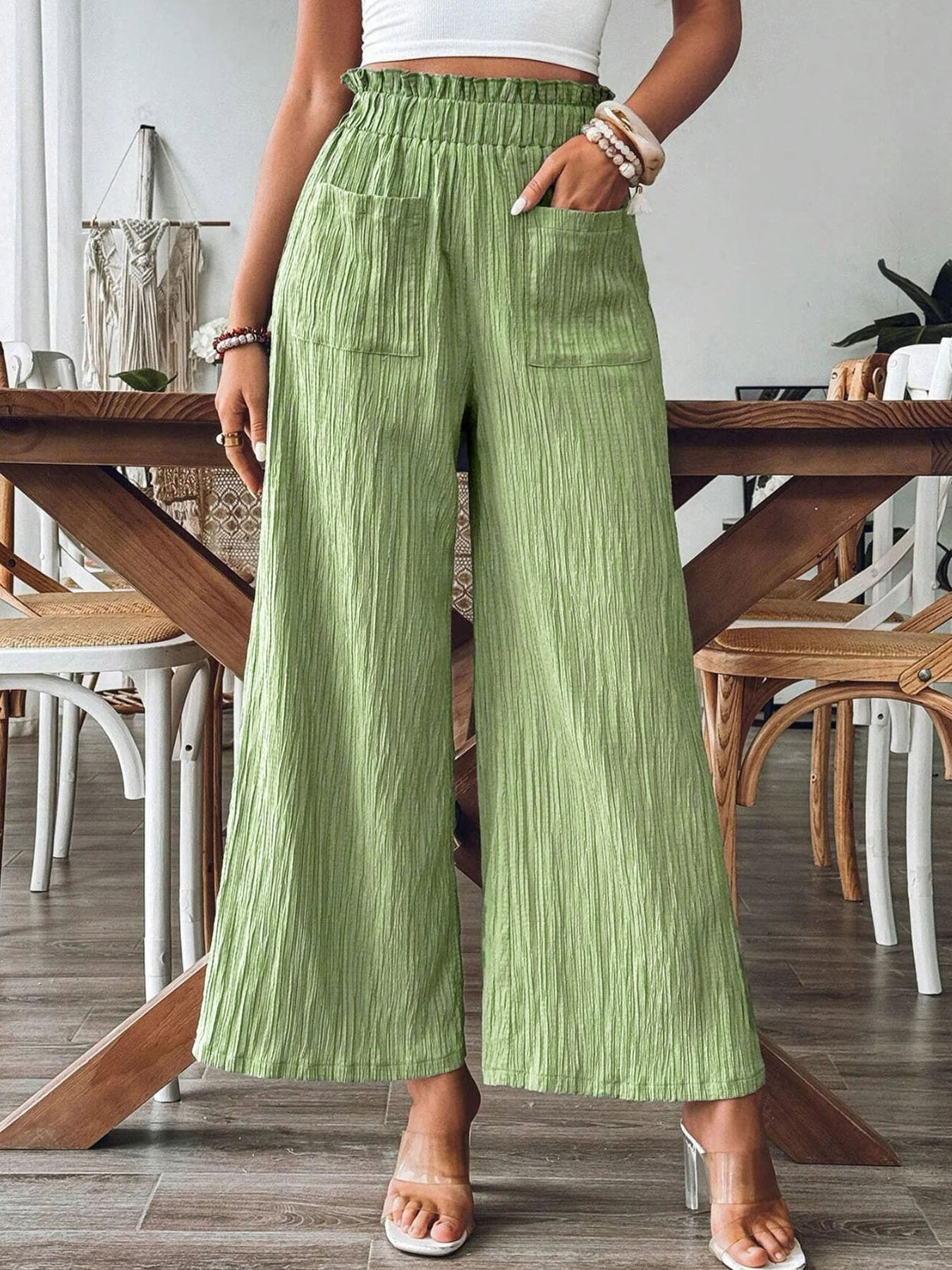 Women's wide-leg linen trousers with elasticated waistband and practical pockets NOVAE