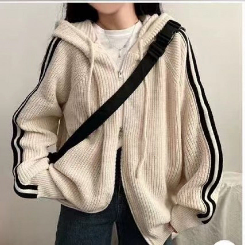 Women's casual knit hoodie with deep V-neck and side stripes NOVAE