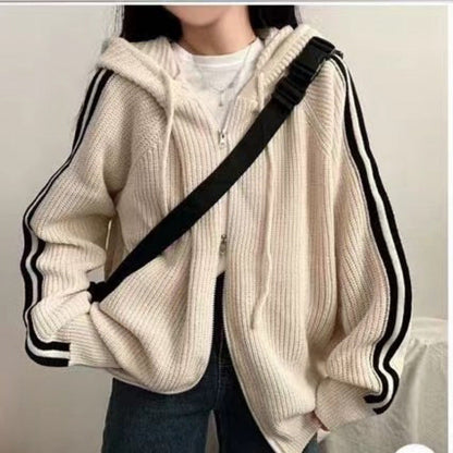 Women's casual knit hoodie with deep V-neck and side stripes NOVAE