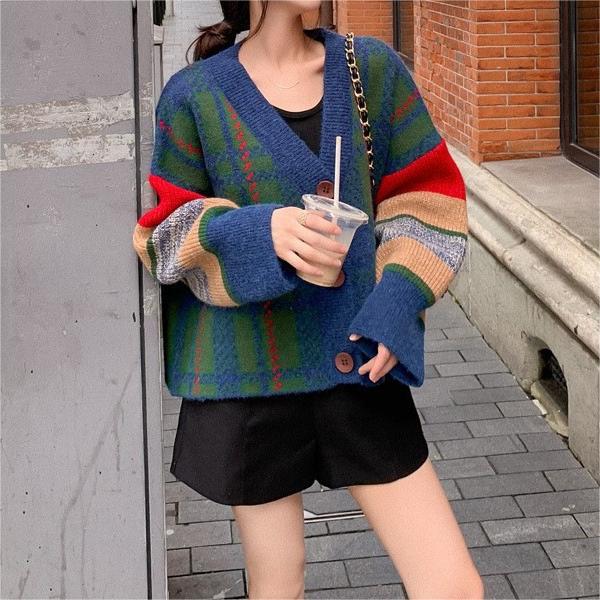 Women's chunky knit cardigan with colorful check pattern and large wooden buttons NOVAE