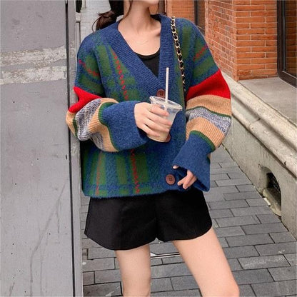 Women's chunky knit cardigan with colorful check pattern and large wooden buttons NOVAE