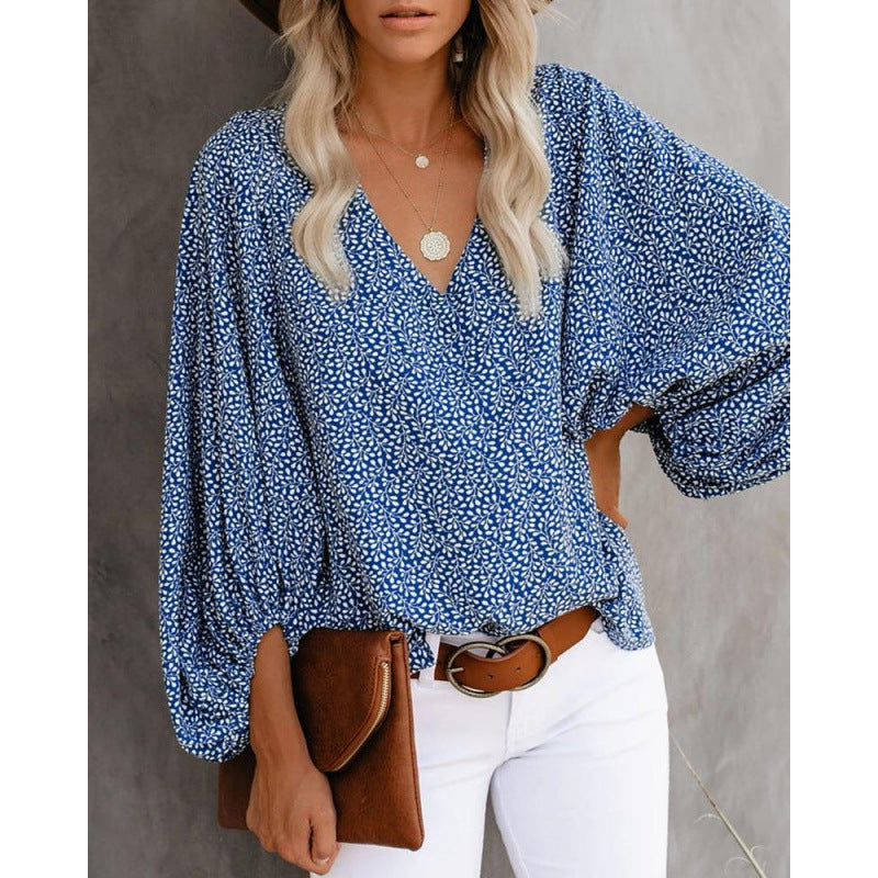 Women's blouse with wide puff sleeves and elegant V-neck NOVAE