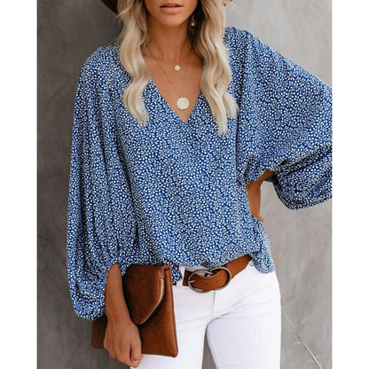 Women's blouse with wide puff sleeves and elegant V-neck NOVAE
