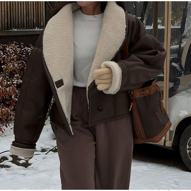 Women's fashionable faux leather jacket with soft lined collar NOVAE