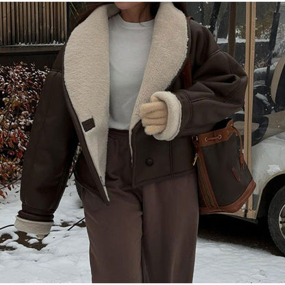 Women's fashionable faux leather jacket with soft lined collar NOVAE