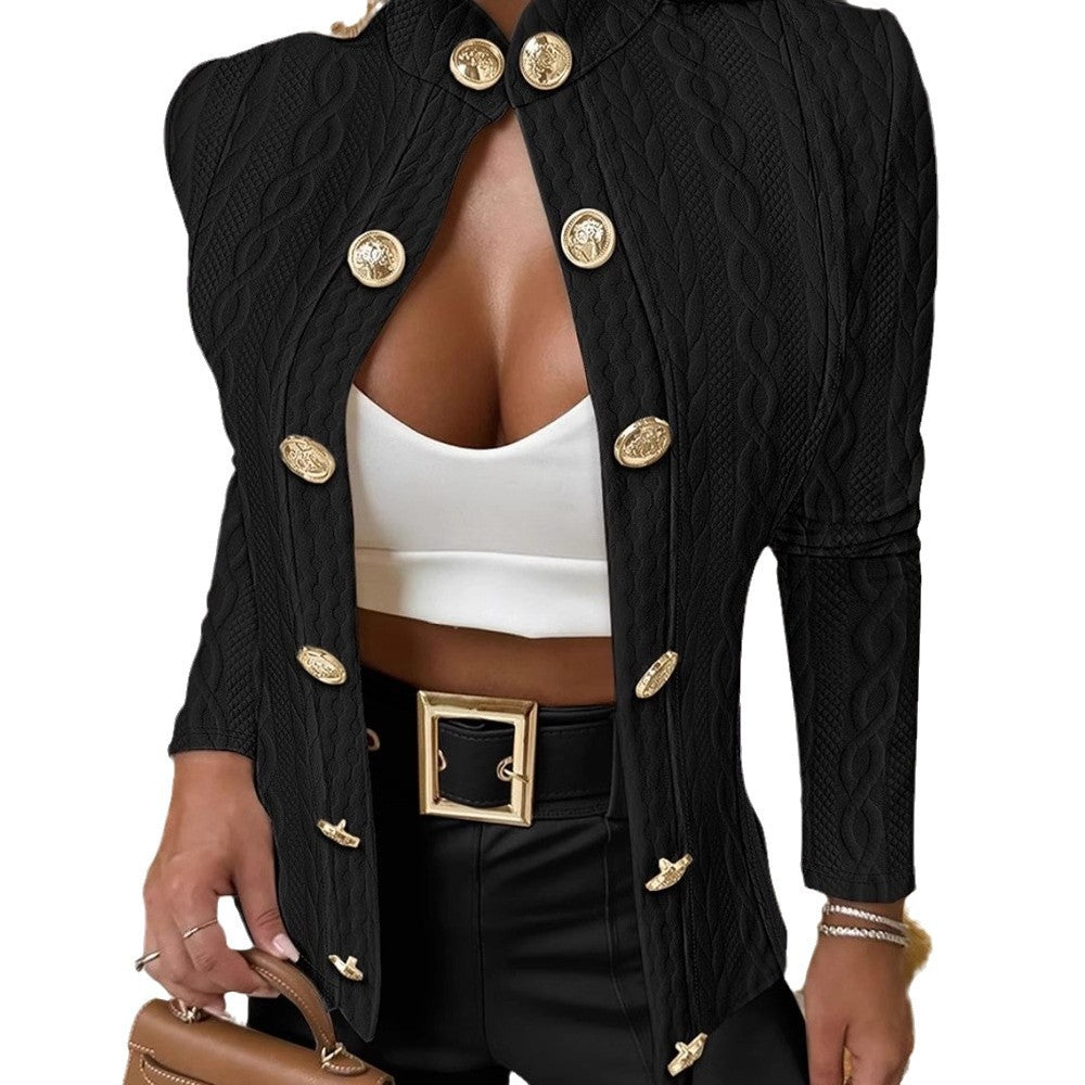 Women's Elegant Knit Blazer with Gold Buttons and Stand-Up Collar NOVAE