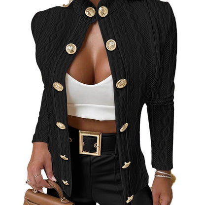 Women's Elegant Knit Blazer with Gold Buttons and Stand-Up Collar NOVAE