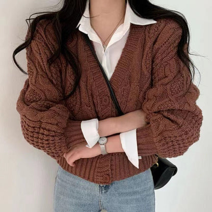 Women's chunky knit cardigan with voluminous sleeves and textured surface NOVAE