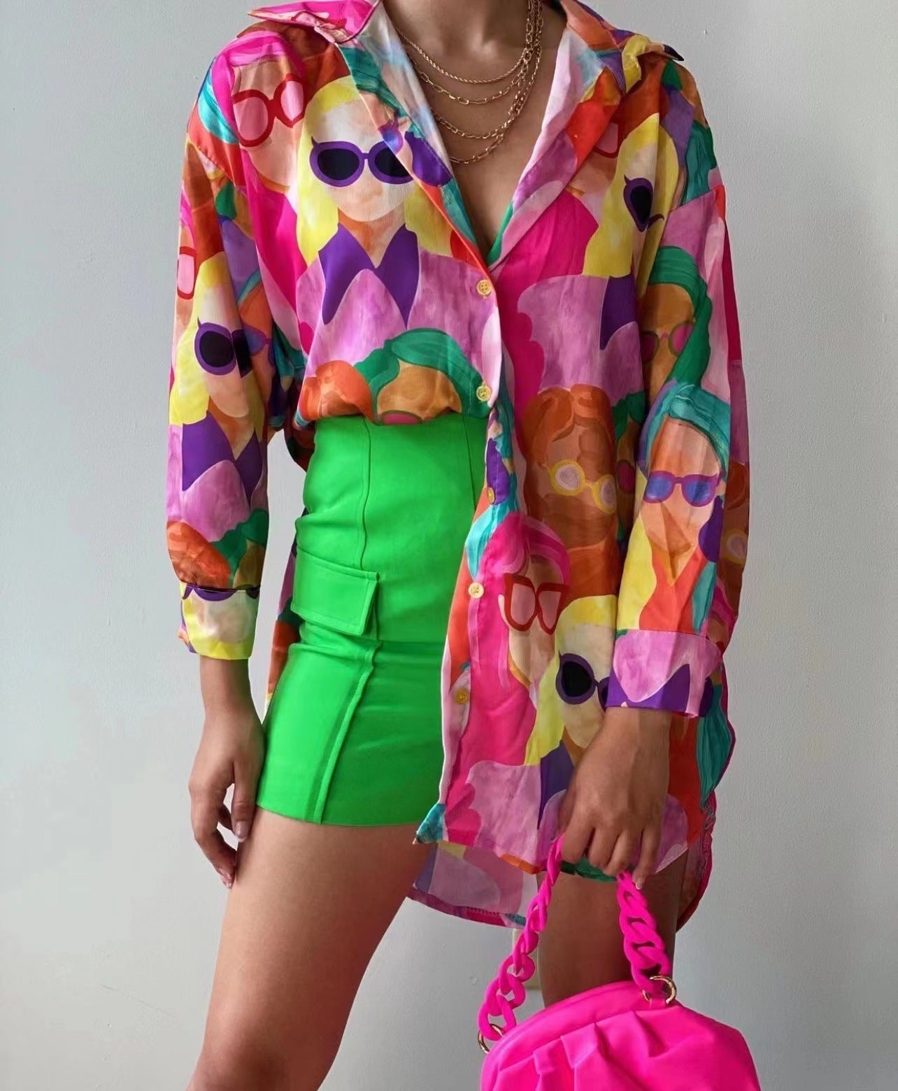 Women's Transparent Blouse with Colorful Graphic Design and Oversized Cut NOVAE