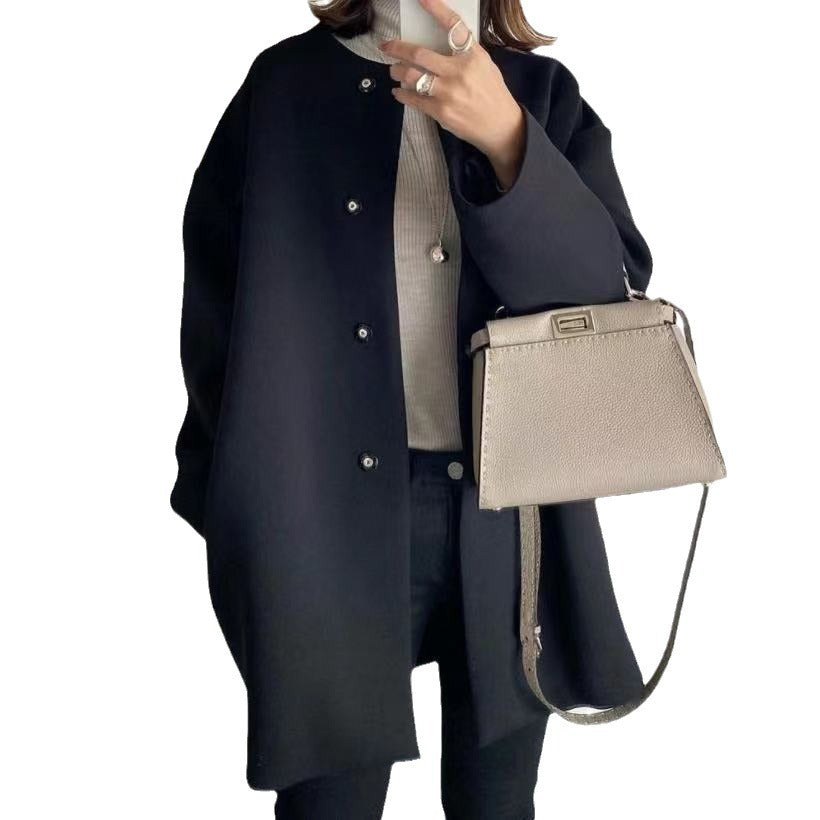 Women's Elegant Oversized Wool Coat with Double Button Closure and Side Pockets NOVAE