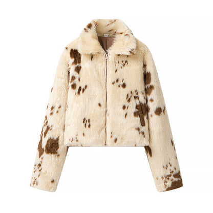 Women's fashionable short jacket made of faux fur with a unique animal motif NOVAE