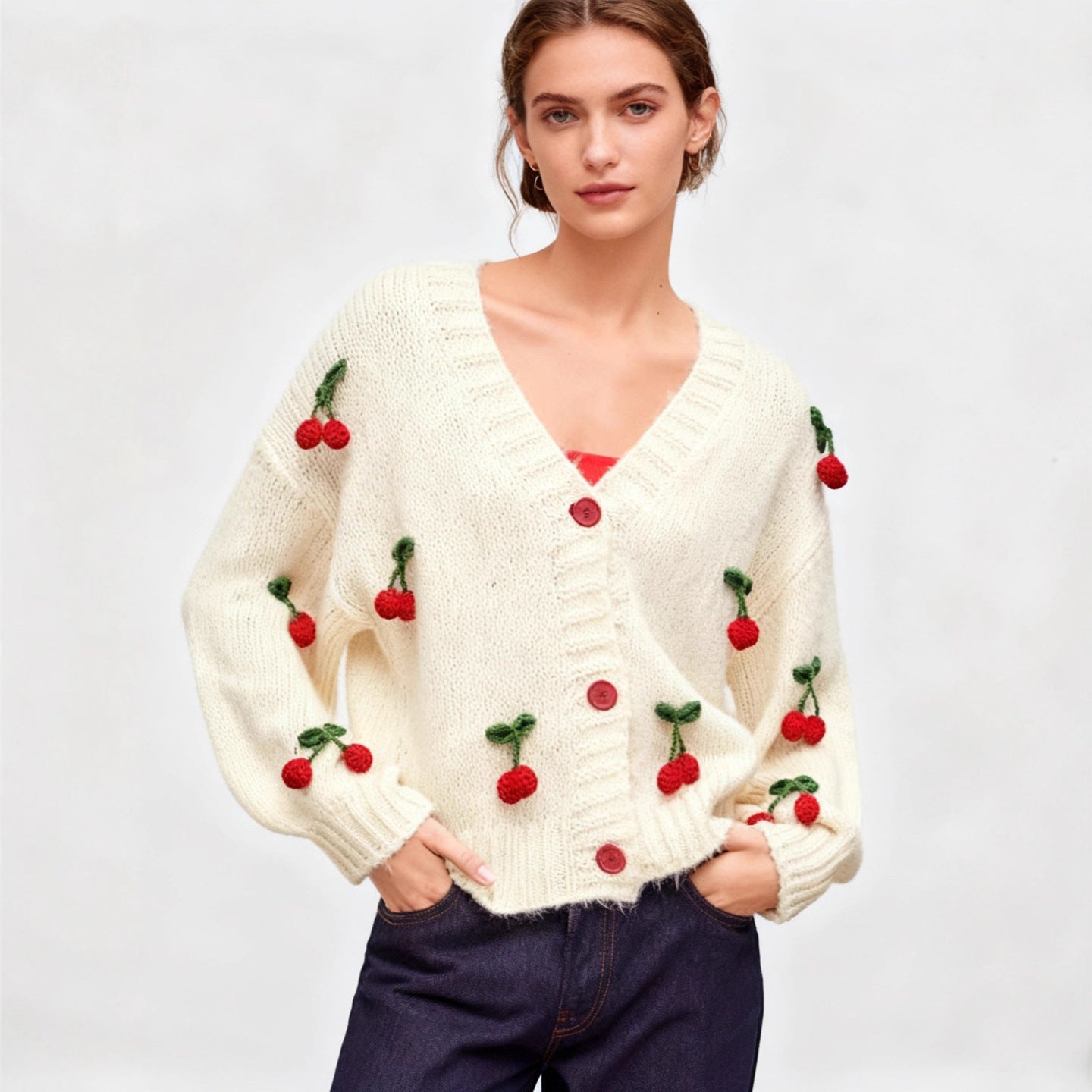 Women's cardigan with a cheerful cherry design and practical button details NOVAE