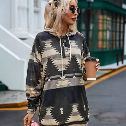 Women's hooded sweatshirt with creative color pattern and practical buttons NOVAE