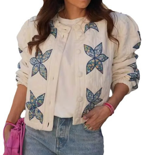 Women's quilted bomber jacket with floral design and elasticated cuffs NOVAE