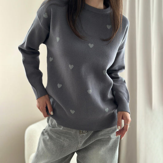 Women's autumnal knit sweater with heart pattern and comfortable cut NOVAE