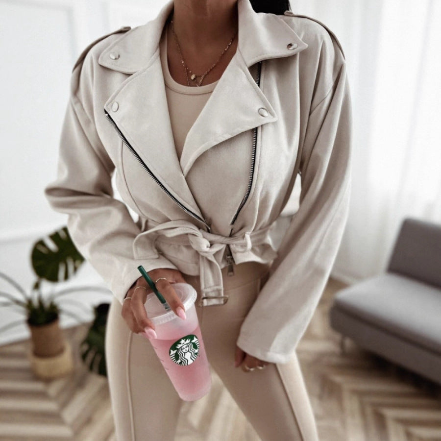 Women's biker jacket made of high-quality imitation suede with a tailored cut and side zippers NOVAE