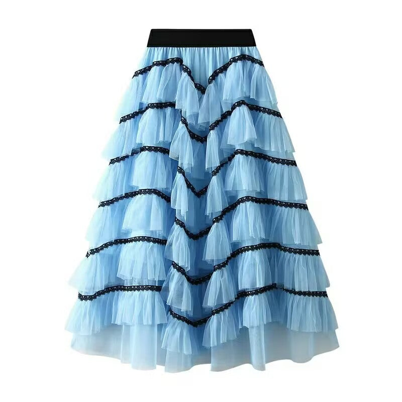 Women's fashionable tulle skirt with multi-layered ruffles and elegant lace accents NOVAE