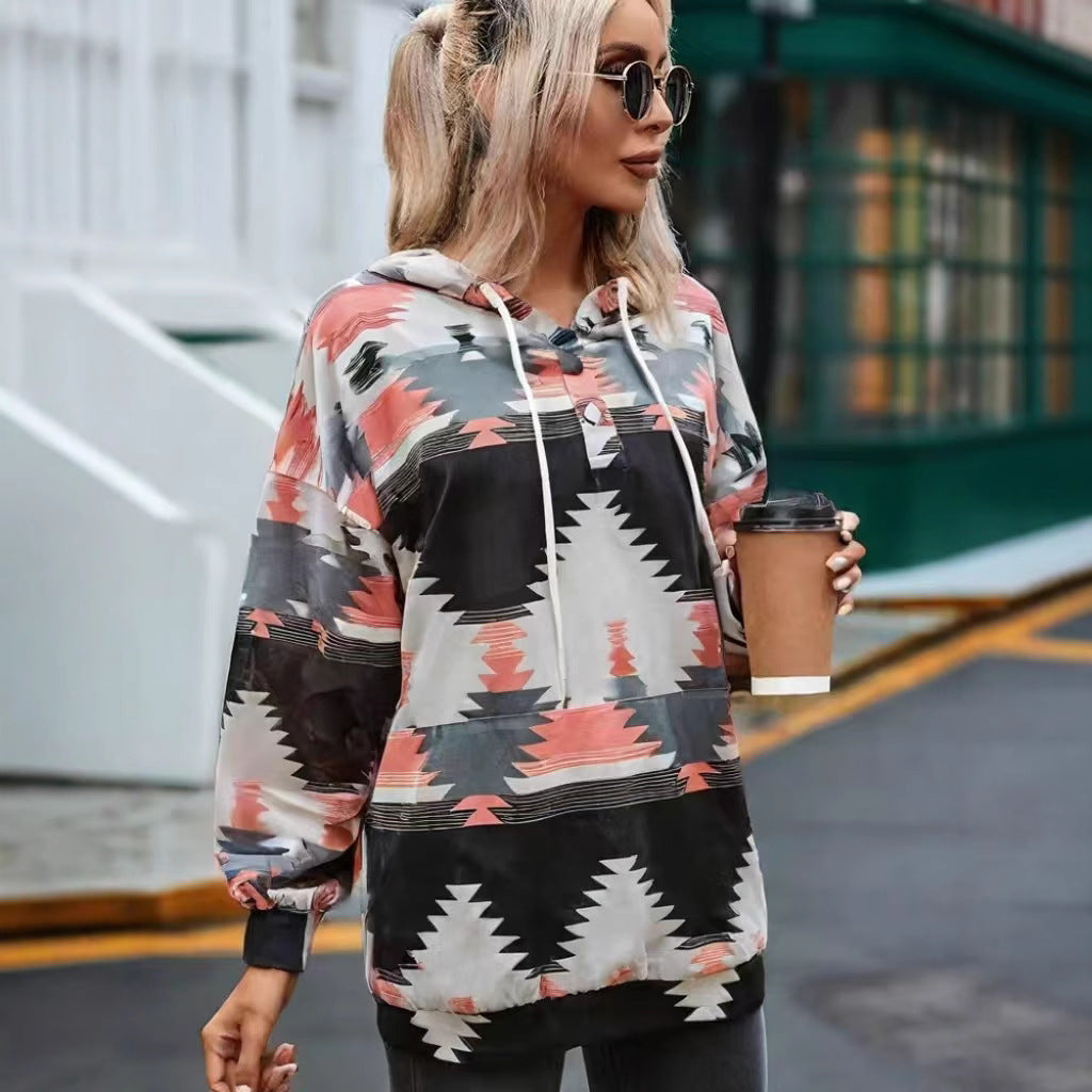 Women's hooded sweatshirt with creative color pattern and practical buttons NOVAE