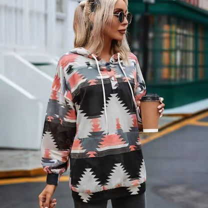 Women's hooded sweatshirt with creative color pattern and practical buttons NOVAE