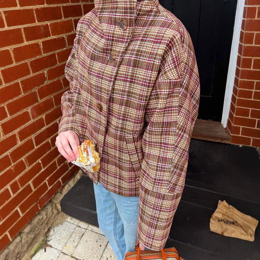 Women's Checkered Oversized Jacket with High Collar and Unique Button Placket NOVAE