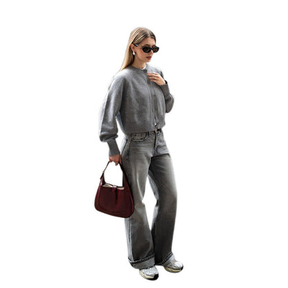 Women's Fashionable Short-Sleeve Sweater with Balloon Sleeves NOVAE