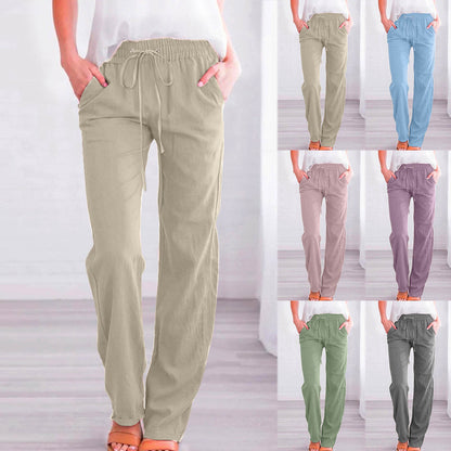 Women's Comfortable Linen Trousers with Elastic Waistband and Pockets NOVAE