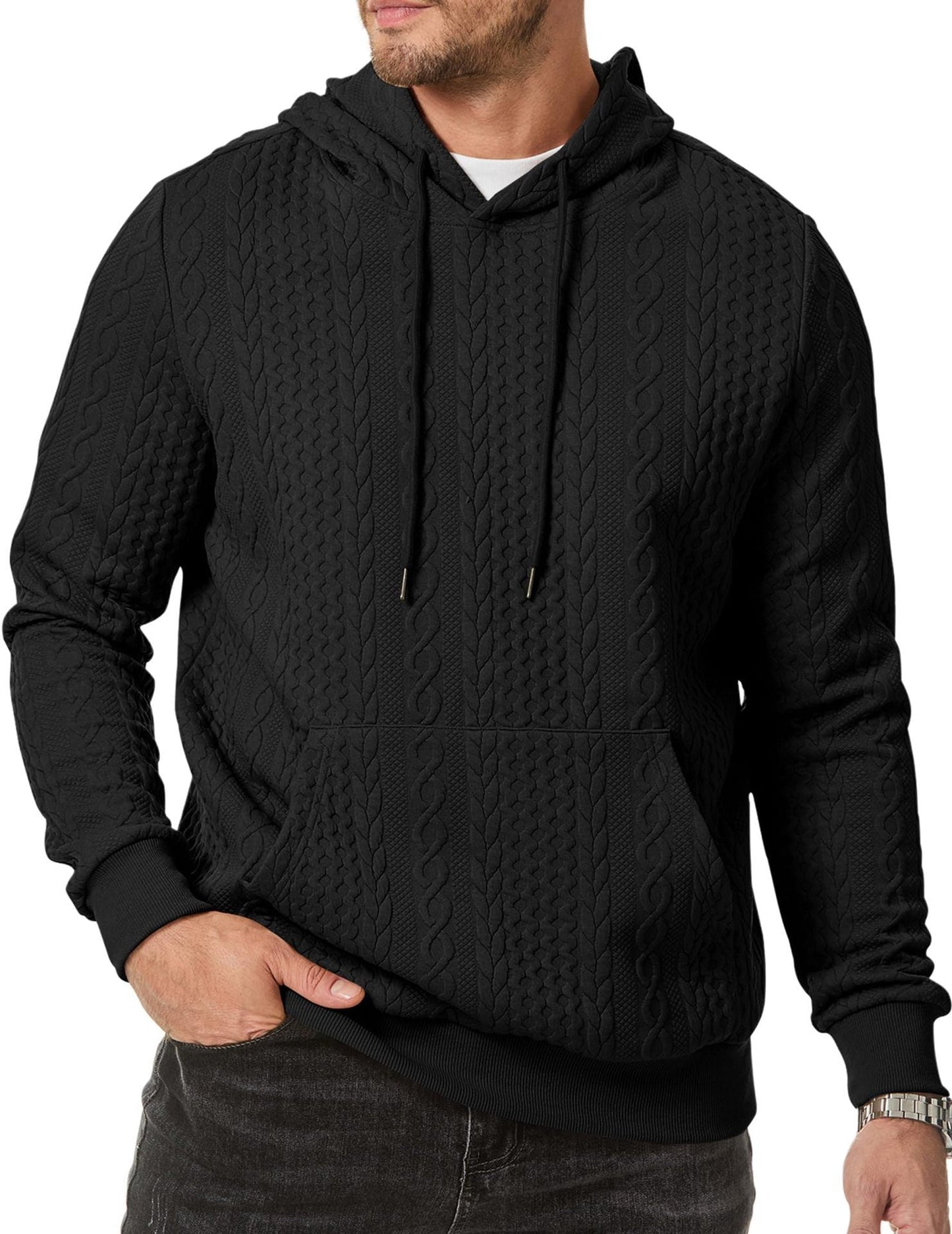 Men's hooded sweatshirt with textured cable knit pattern NOVAE