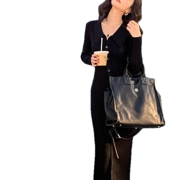 Women's knitted maxi dress with button closure and fashionable collar NOVAE