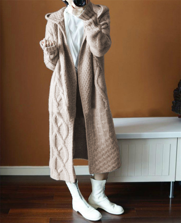 Women's Long Knitted Coat with Hood and Cable Pattern NOVAE