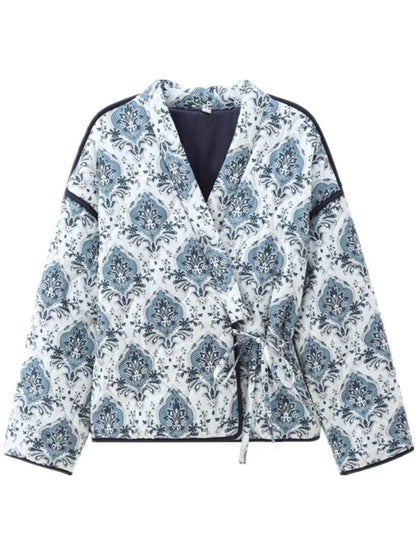 Women's elegant jacquard jacket with tie belt and luxurious pattern NOVAE