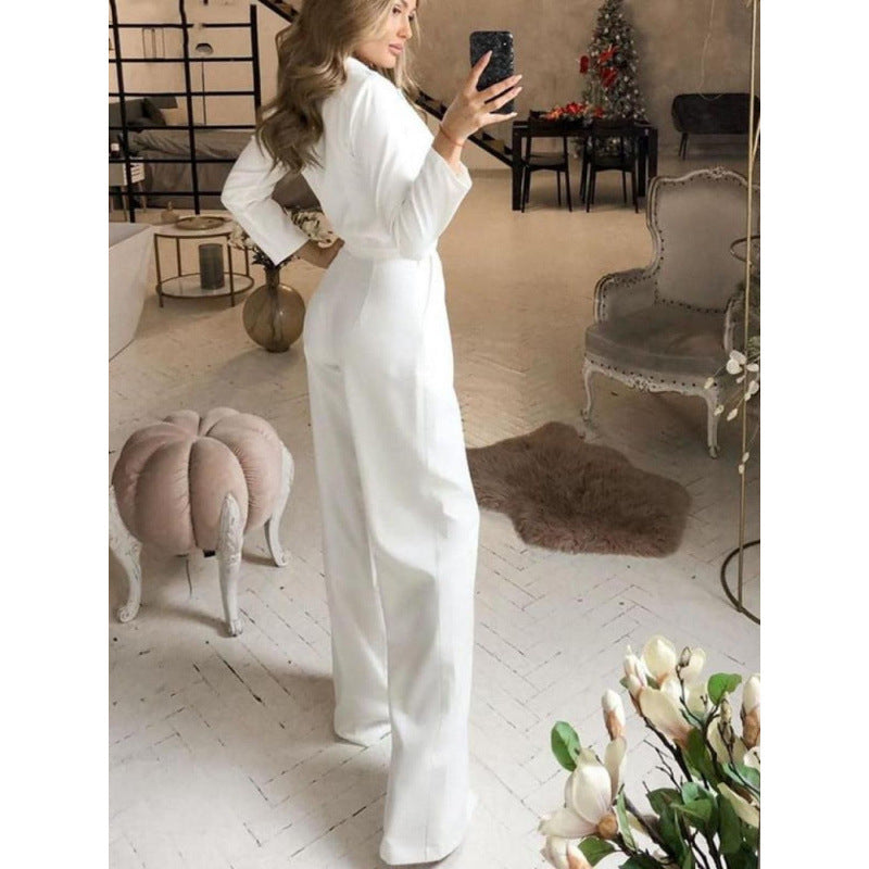 Women's elegant jumpsuit with long legs and classic mock collar NOVAE