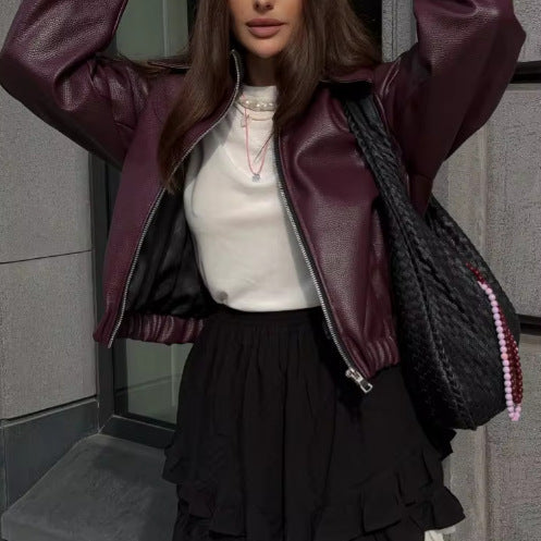 Women's casual leather jacket in a sporty style with elasticated waistband NOVAE