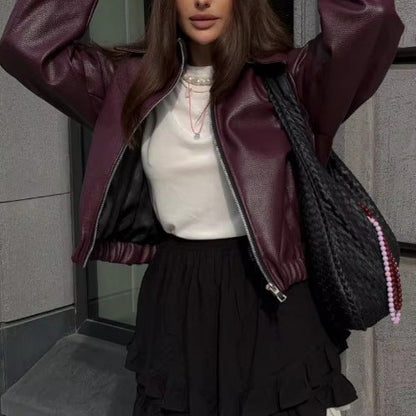 Women's casual leather jacket in a sporty style with elasticated waistband NOVAE