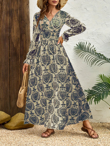 Women's long maxi dress with floral jacquard pattern and voluminous sleeves NOVAE