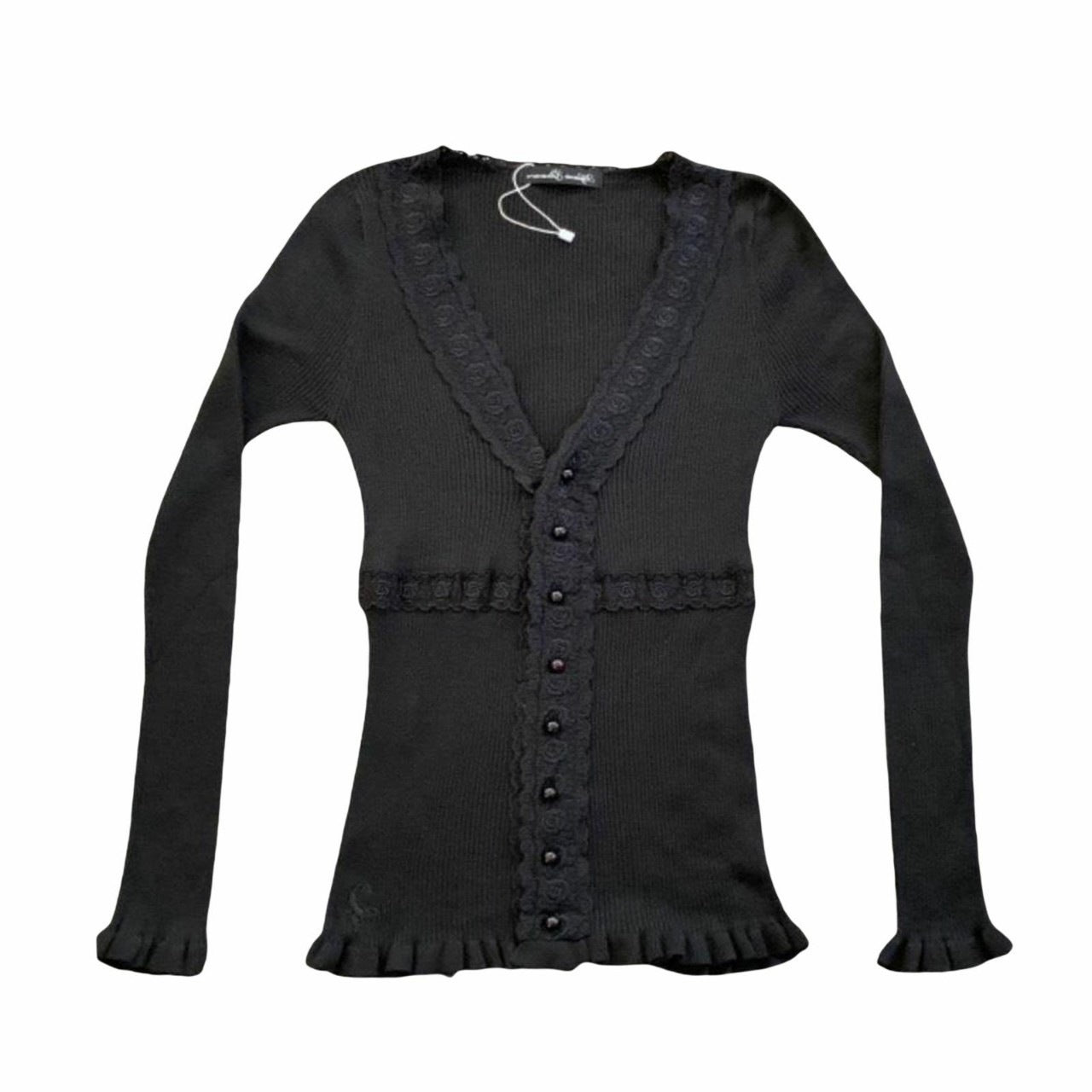 Women's knitted top with romantic lace trim and ruffle details NOVAE