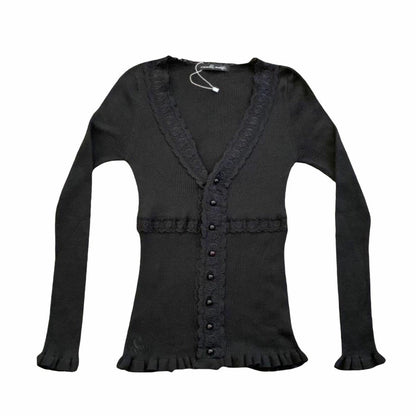 Women's knitted top with romantic lace trim and ruffle details NOVAE