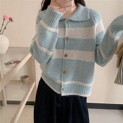 Women's fashionable knit cardigan with elegant stripes and wooden buttons NOVAE
