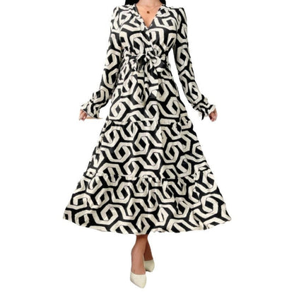Women's maxi dress with modern geometric print and adjustable waist design NOVAE
