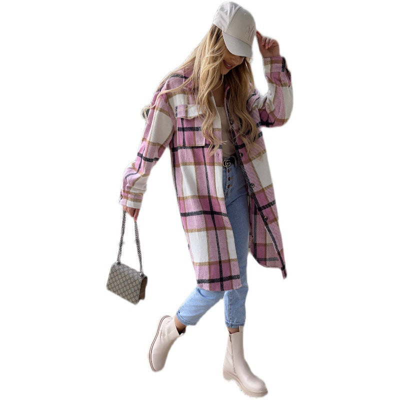 Women's checked long jacket made of high-quality fabric with button placket NOVAE
