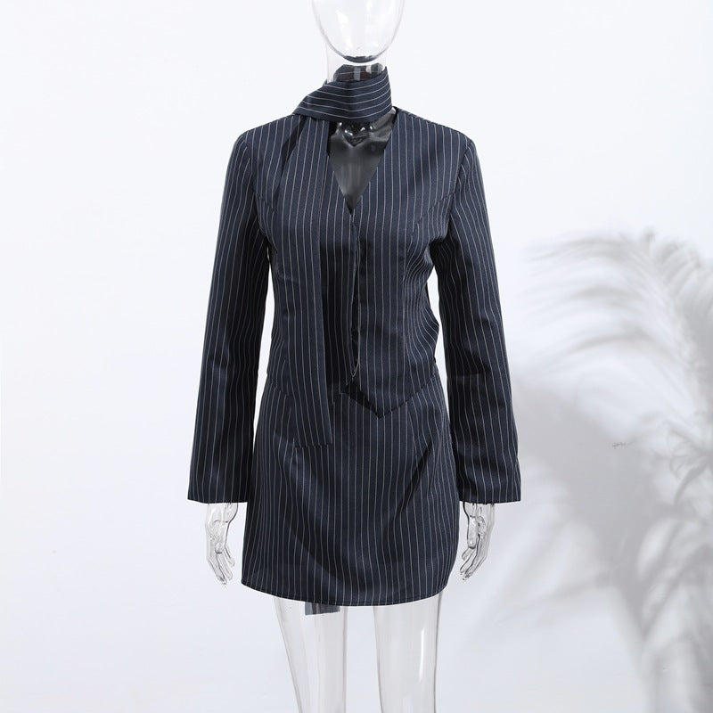 Women's Elegant Shirt Dress with Fine Pinstripes and Neckband NOVAE
