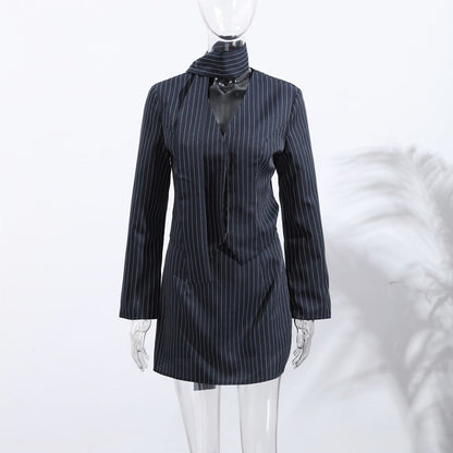 Women's Elegant Shirt Dress with Fine Pinstripes and Neckband NOVAE